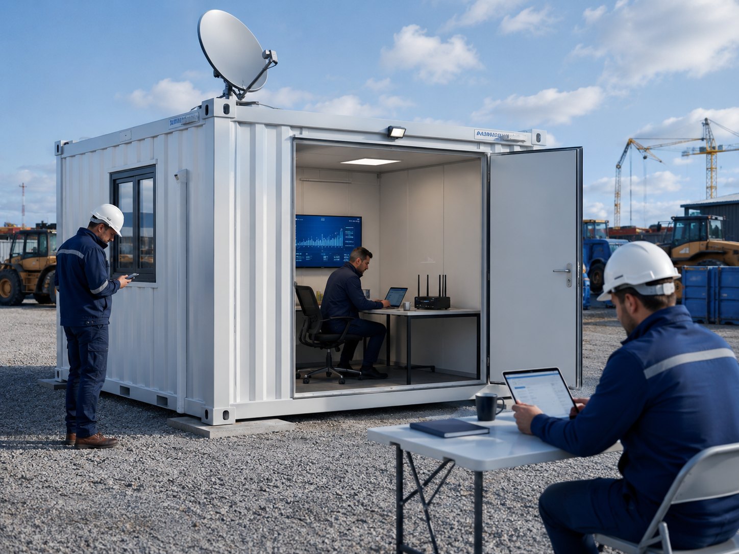 Technisch team richt tijdelijke internetverbinding in op een projectlocatie