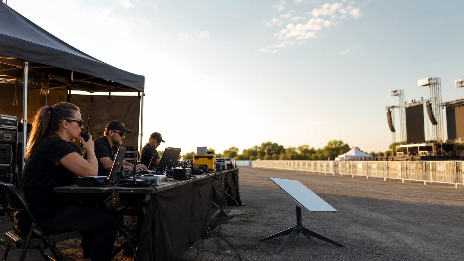 Technische crew met tijdelijke internetverbinding op een evenementlocatie