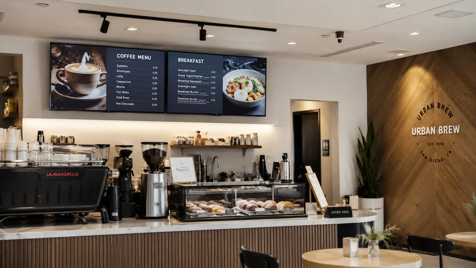 Digitale menuschermen in een professionele koffiebar