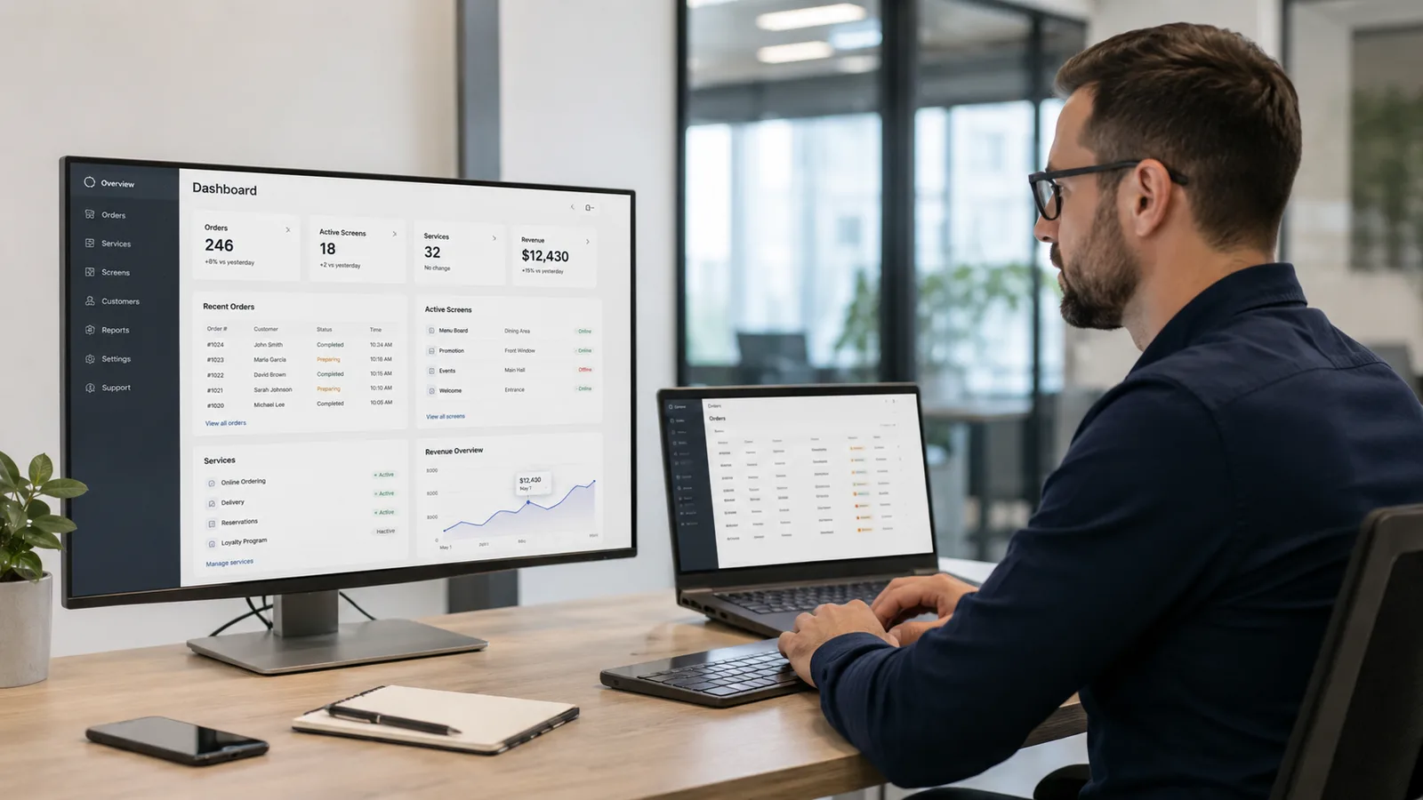 Medewerker beheert schermen en bestellingen vanuit een online dashboard