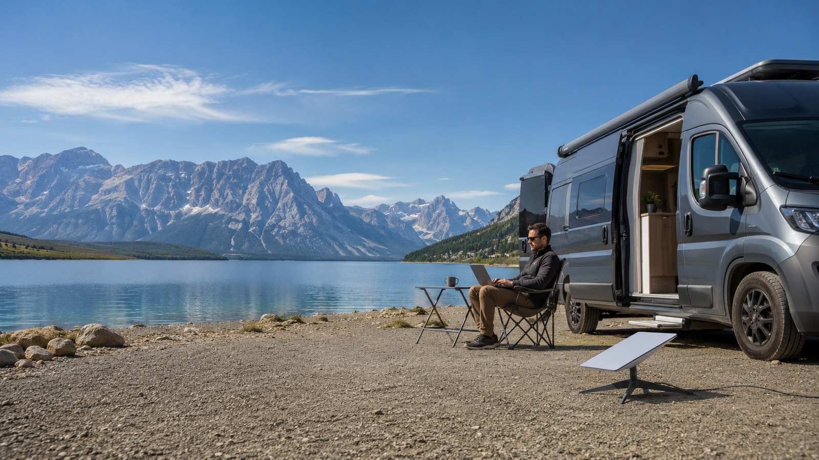 Camper aan het water met Starlink internet