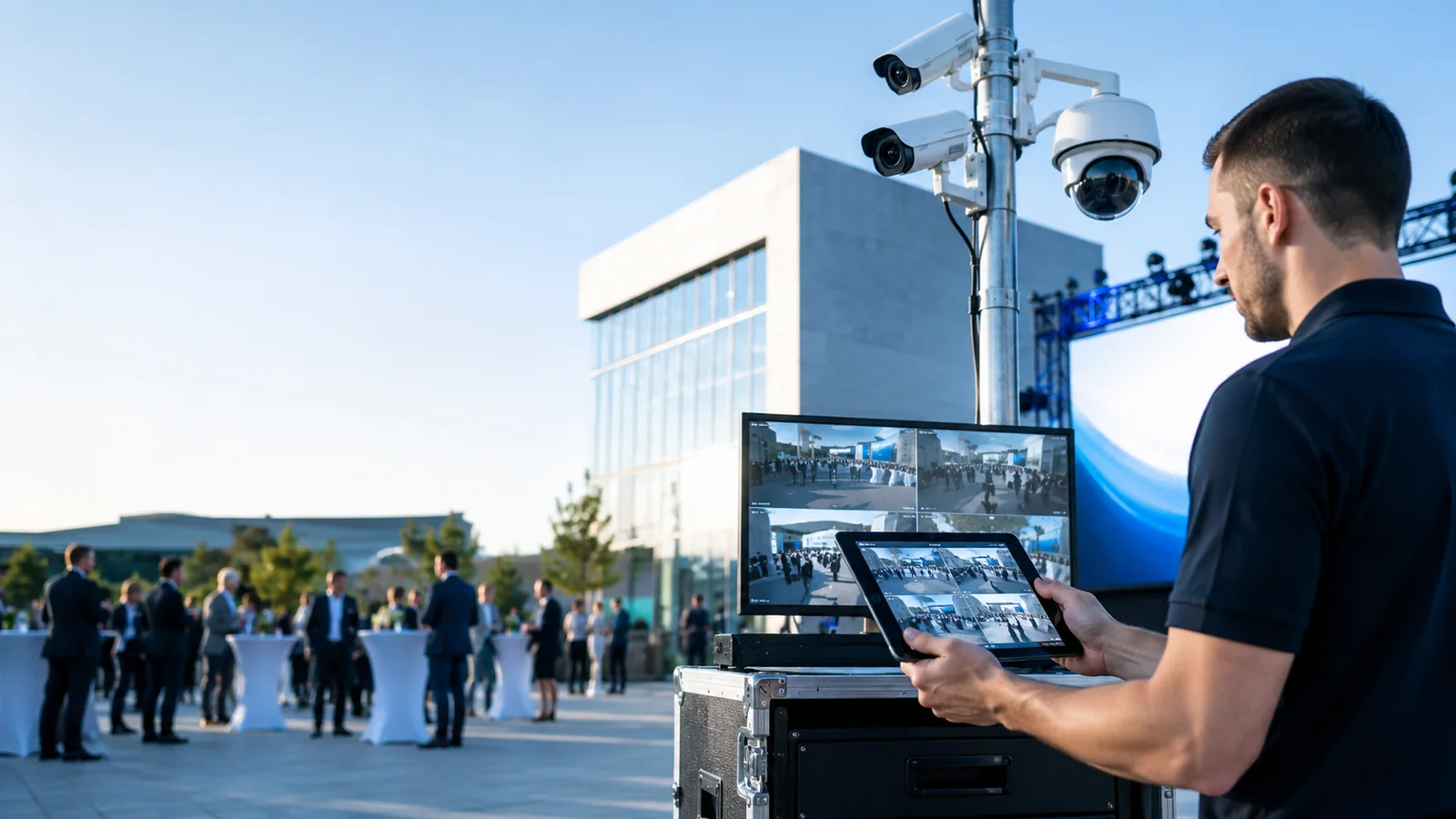 Professionele camerabewaking en beeldcontrole op een zakelijke locatie